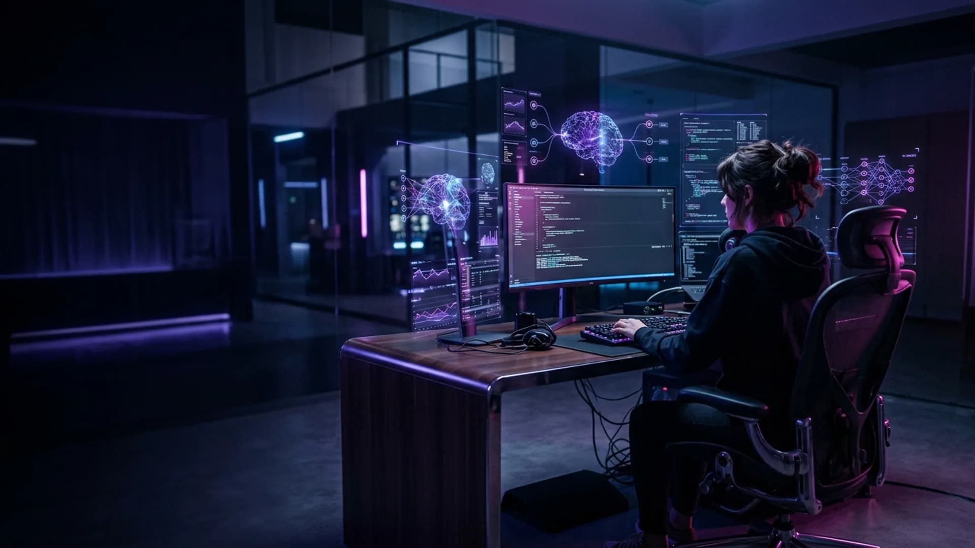 Developer at a desk in a futuristic AI workspace with holographic neural networks and violet neon light